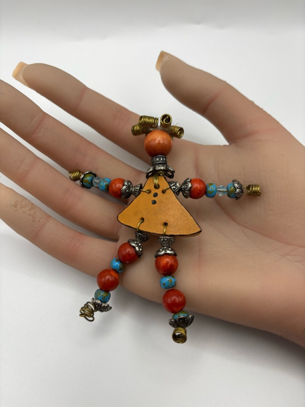 Artisan Mixed Media Doll Brooch Wood Jasper & Brass Boho Pin